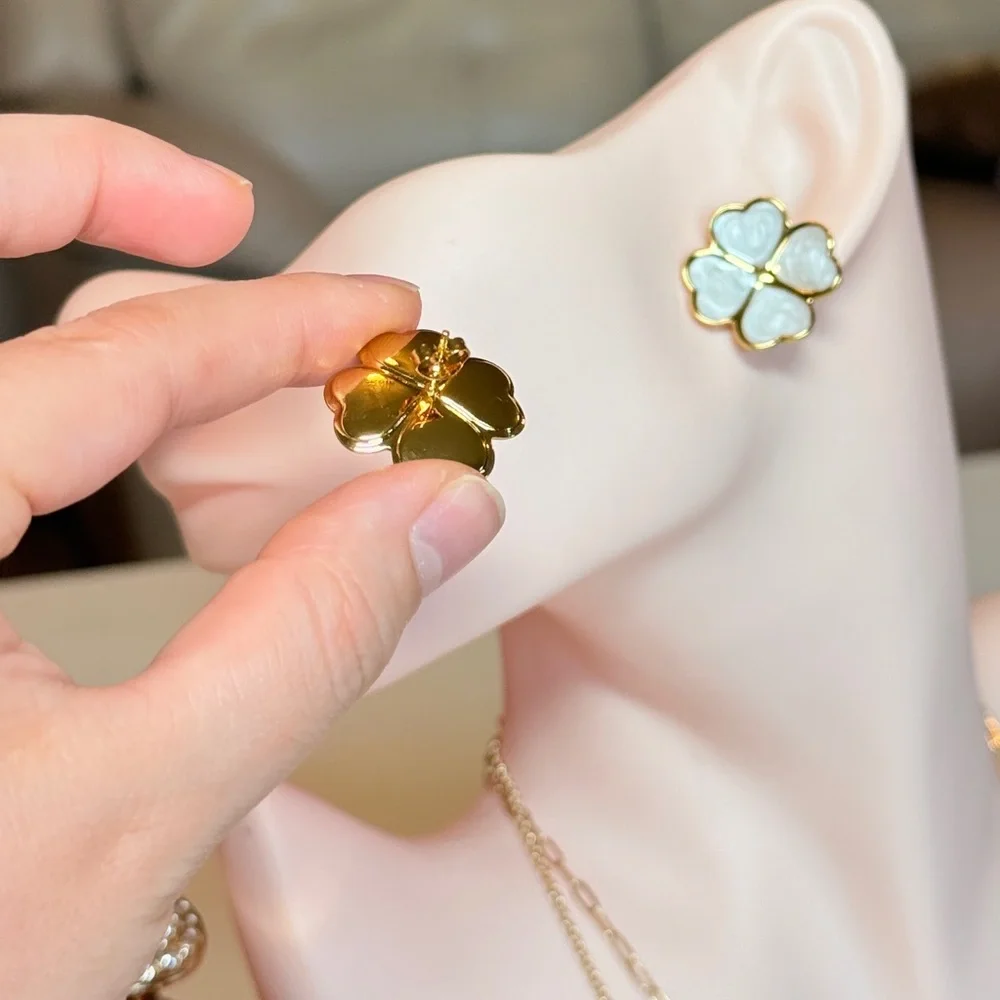 Gold and White Flower Earrings